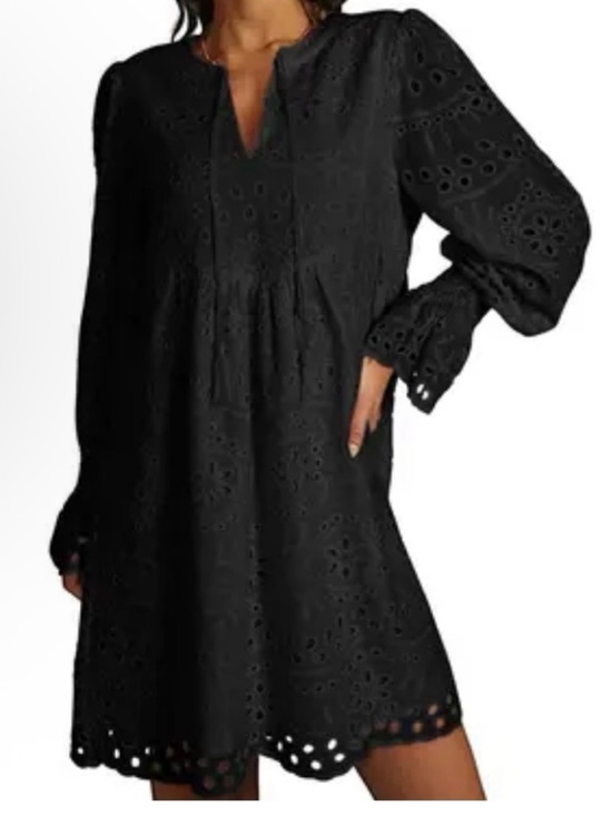 DOKOTOO Dresses & Skirts - DOKOTOO Woman’s Black Eyelet Tassel Tie Babydoll Dress puff long sleeved lined L